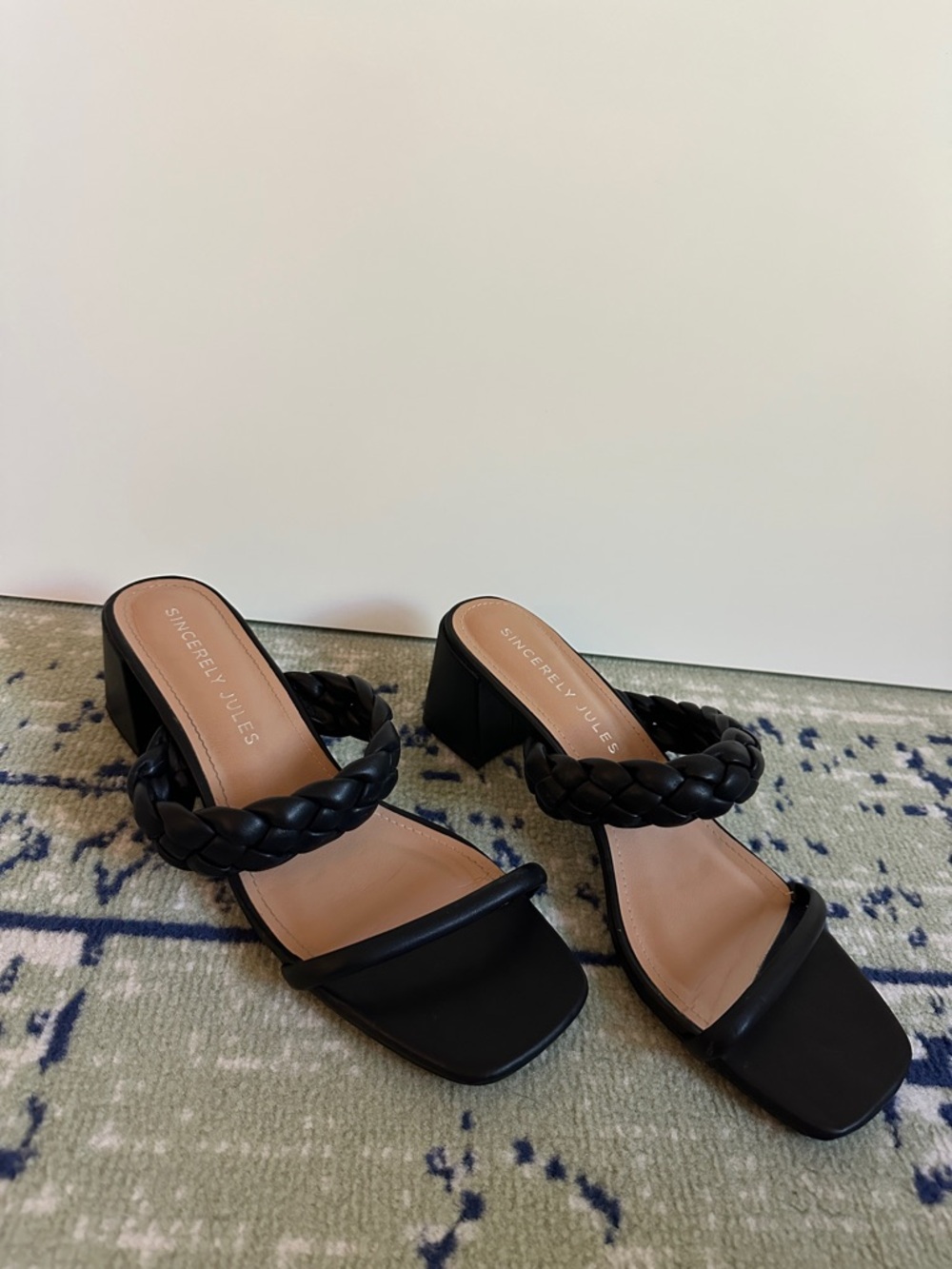 Sincerly Jules Black Braided Strap Block Heel Mules